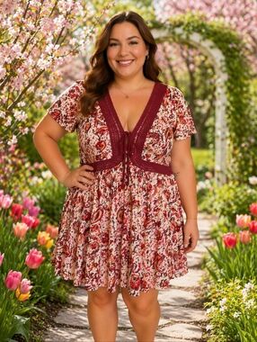 Torrid Floral Paisley Print Dress Womens 4 Short Sleeve V‎ Neck Rayon Crochet